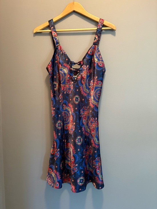 Kathryn Other - Navy Paisley Lace-Up Satin Slip Dress